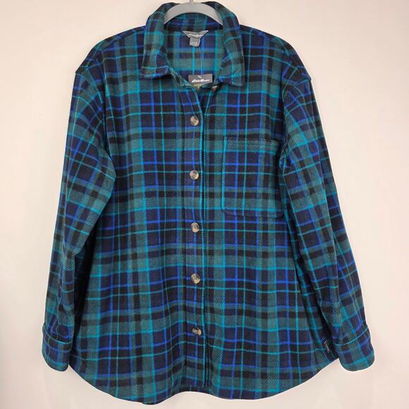 Eddie Baur Microfleece Button Up Flannel Shirt Green Blue Plaid Size Medium, NWT - Picture 9 of 9